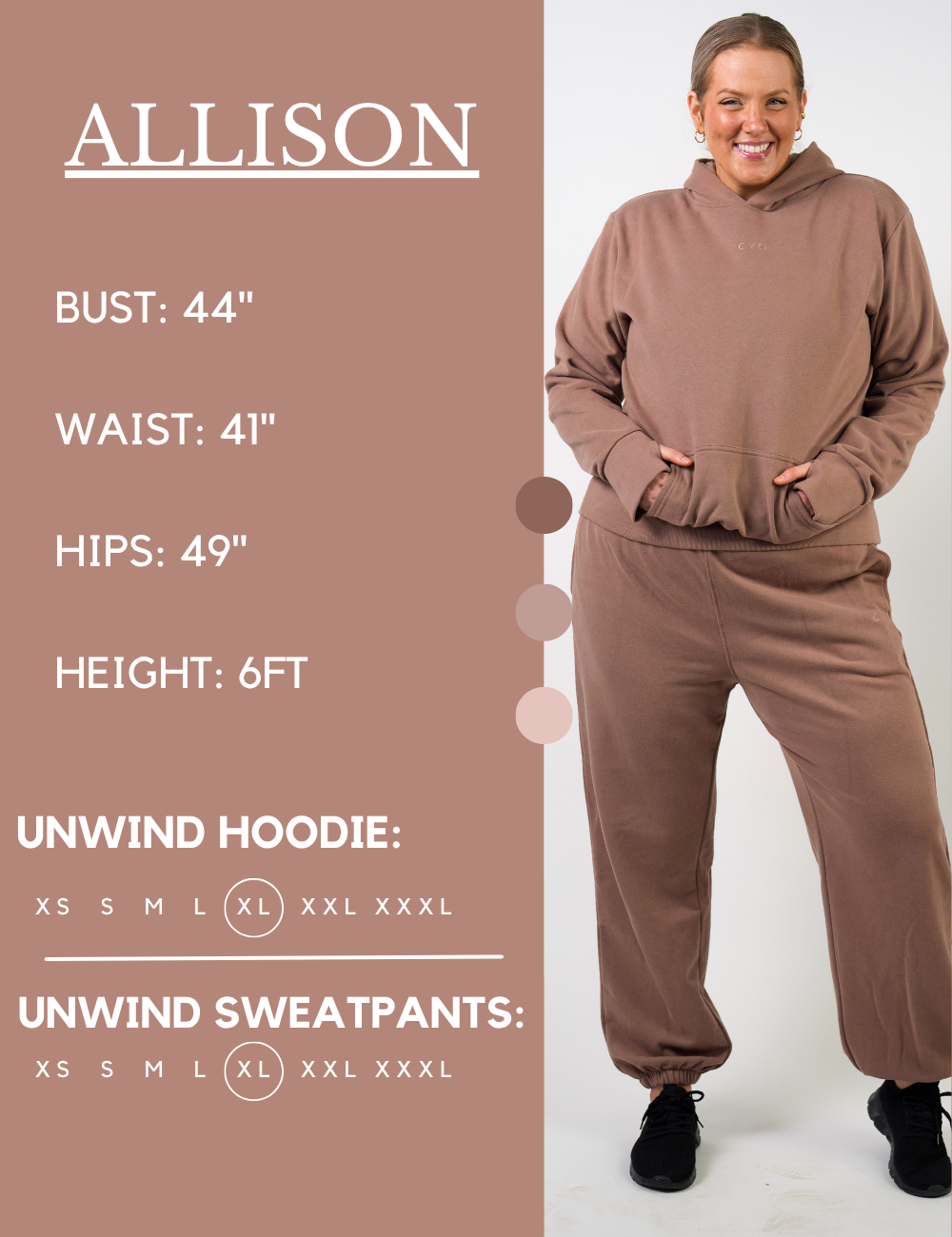 Model’s measurements of 44” bust, 41” waist, 49” hips and height of 6 feet. She is wearing a size extra large in our unwind sweatpants and hoodie
