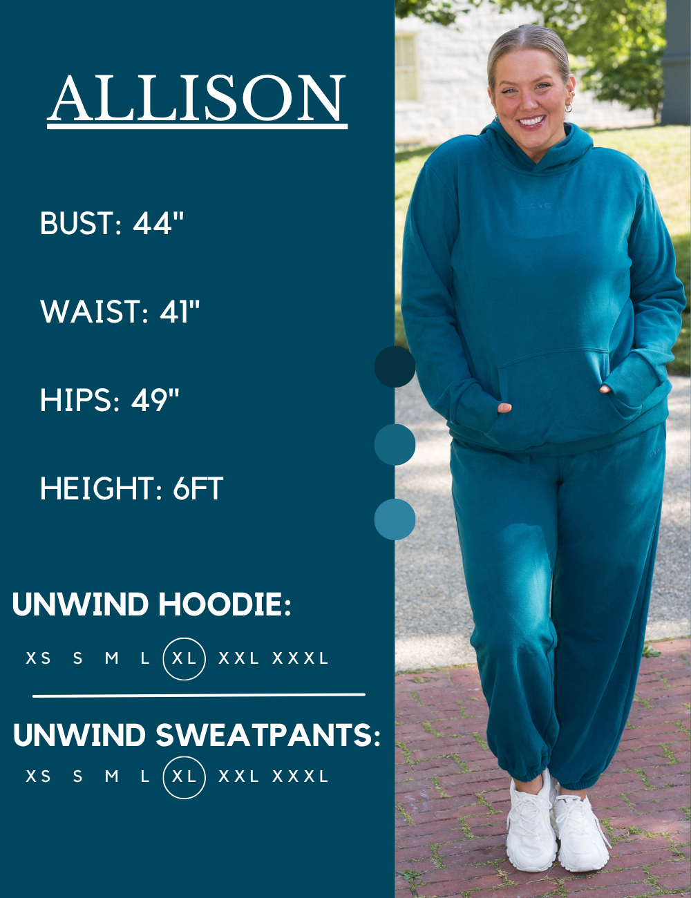 Model’s measurements of 44” bust, 41” waist, 49” hips and height of 6 feet. She is wearing a size extra large in our unwind sweatpants and hoodie