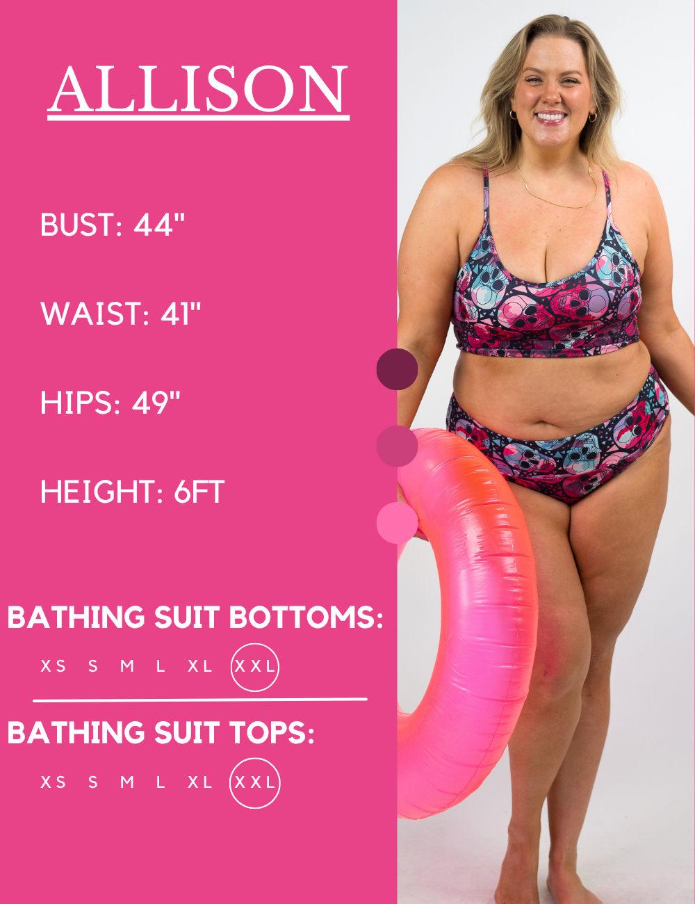 Model’s measurements of 44” bust, 41” waist, 49” hips and height of 6 feet. She is wearing a size extra extra large in our bathing suits