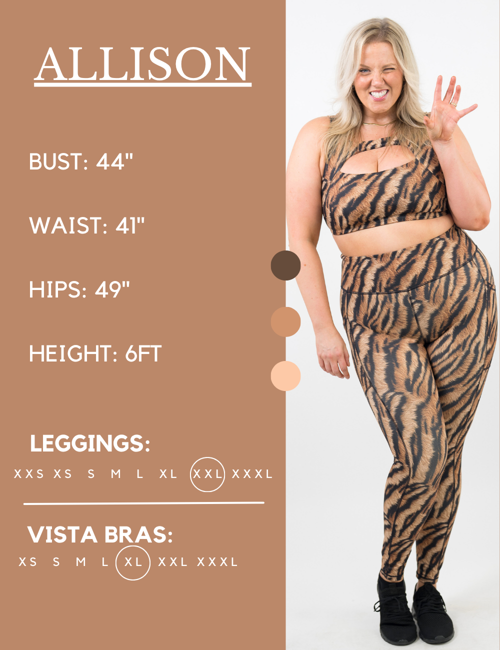 Model’s measurements of 44” bust, 41” waist, 49” hips and height of 6 ft. She is wearing a size extra extra large in our leggings