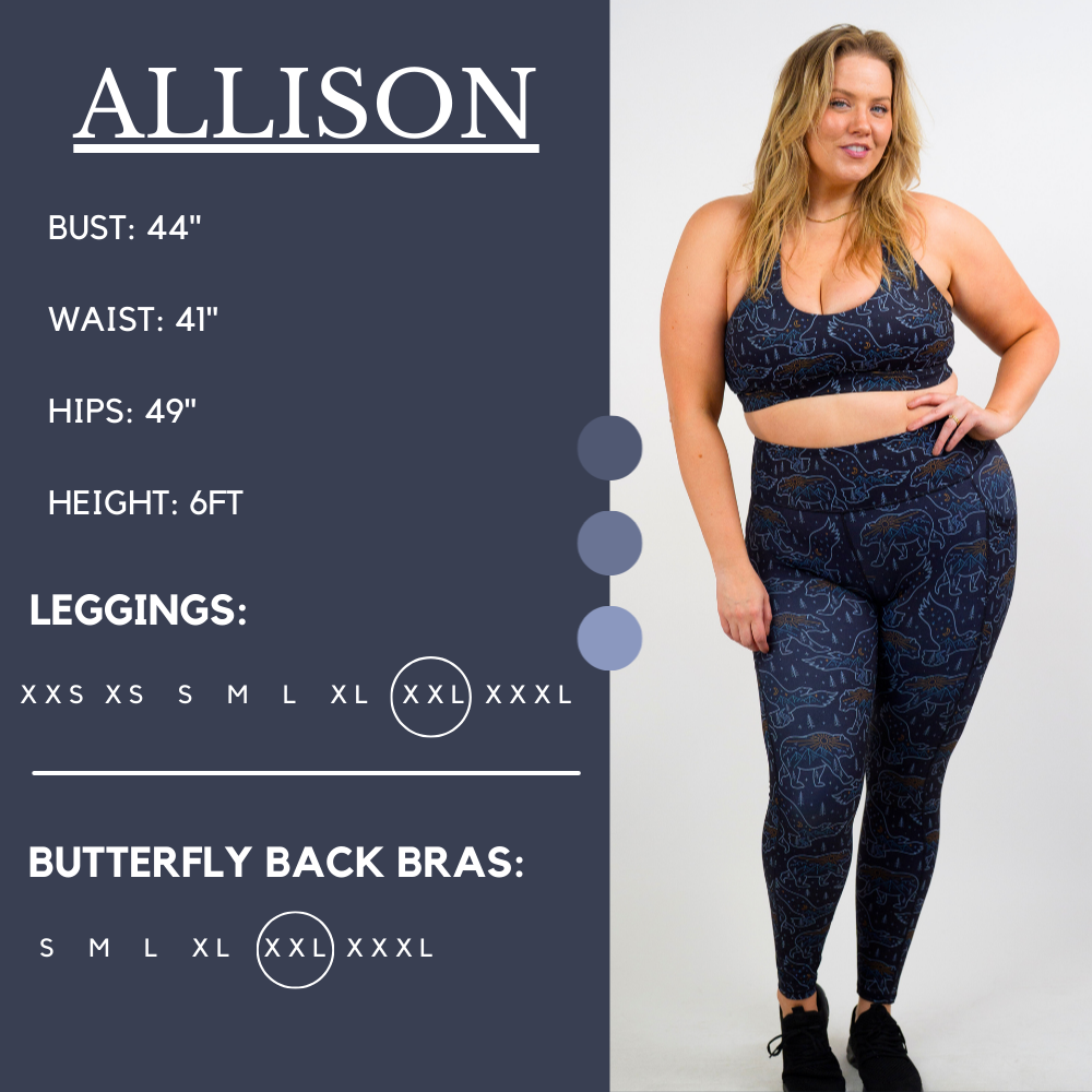 Model’s measurements of 44” bust, 41” waist, 49” hips and height 6 feet. She is wearing a size extra extra large in our leggings
