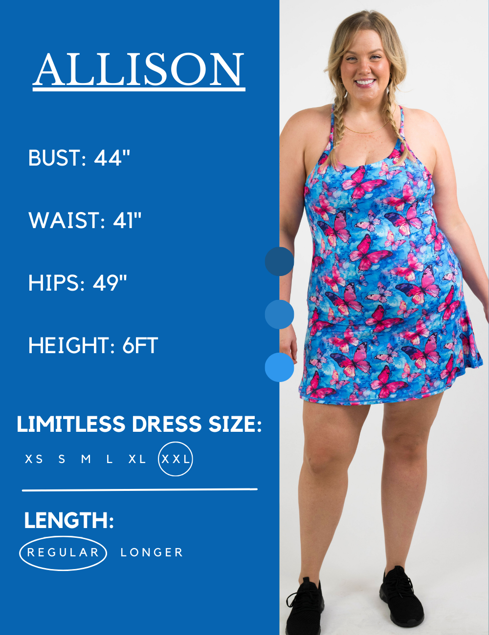 Model’s measurements of 44” bust, 41” waist, 49” hips and height of 6 feet. She is wearing a size extra extra large in our regular length limitless dress