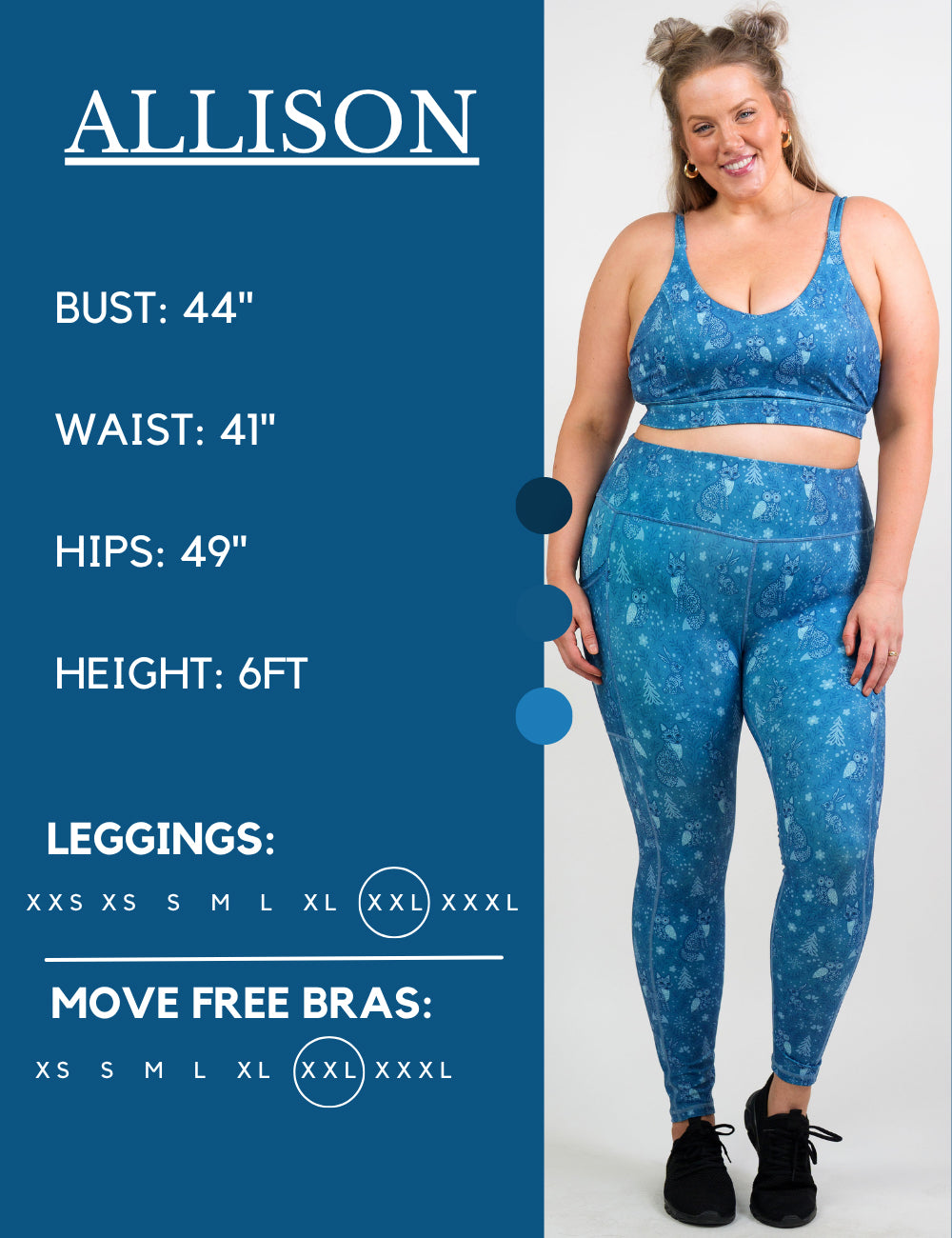 Model’s measurements of 44” bust, 41” waist, 49” hips and height of 6 feet. She is wearing a size extra extra large in our leggings