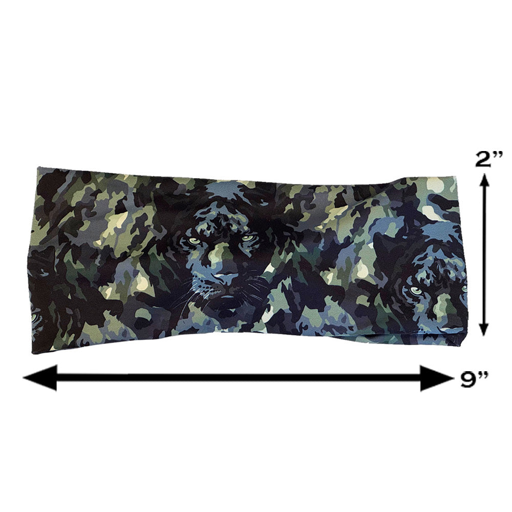 panther camo print headband measured at 2 by 9 inches