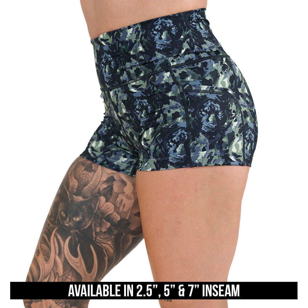 panther camo print shorts available in 2.5, 5 & 7 inch inseams