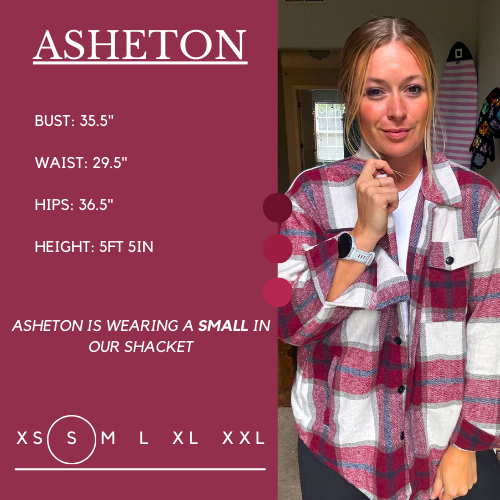 Model’s measurements of 35.5” bust, 29.5” waist, 36.5” hips and height of 5 ft 5 inches. She is wearing a size small in our shacket