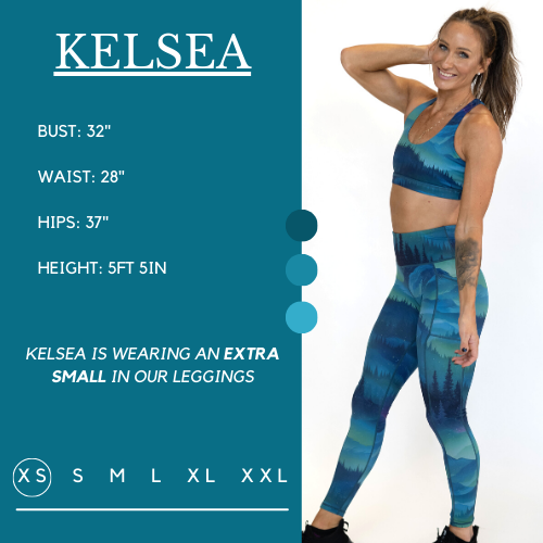 Model's measurements of 32 inch bust, 28 inch waist, 37 inch hips, and height of 5 foot 5 inches. She is wearing a size extra small in these leggings.