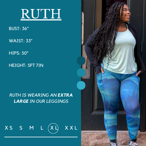 Model's measurements of 36 inch bust, 33 inch waist, 50 inch hips, and height of 5 foot 7 inches. She is wearing a size extra large in these leggings.