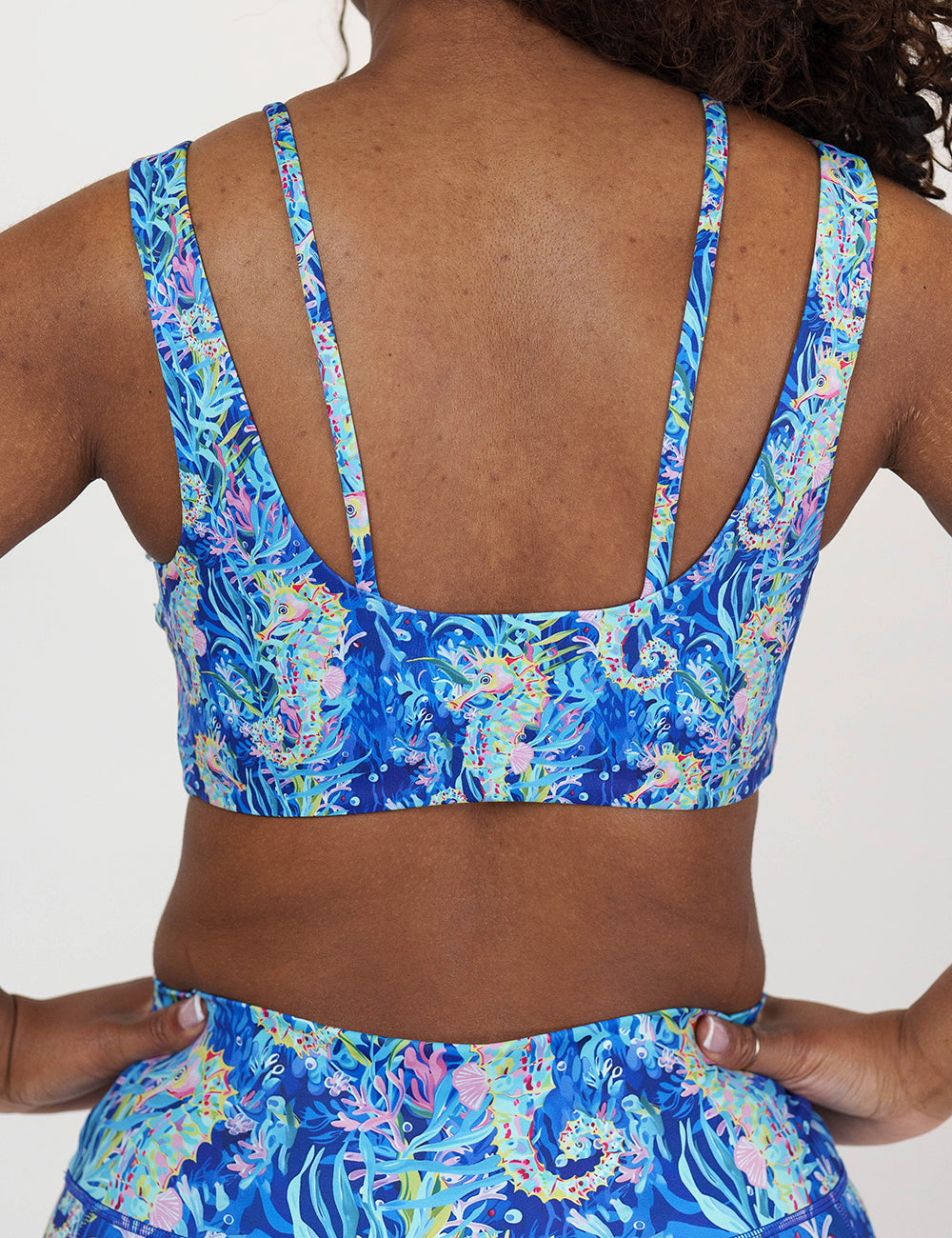 back of the colorful seahorse patterned bra