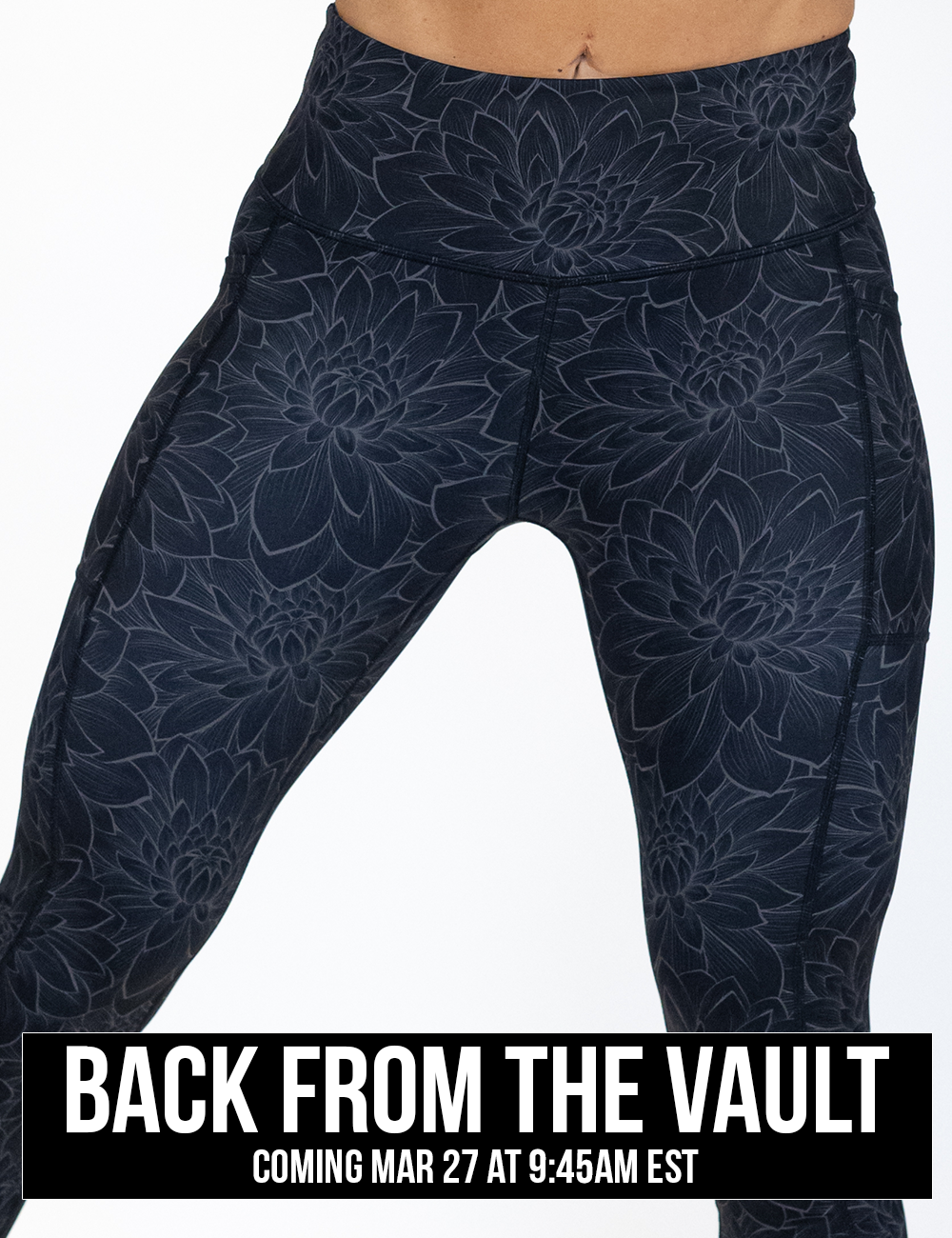 close up of the black lotus flowers leggings against a white background, coming soon