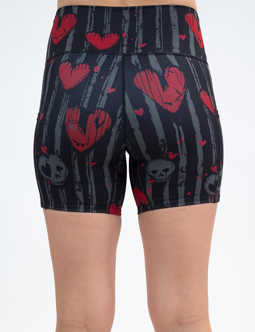 back of the 5 inch red hearts against stripes shorts against a white background
