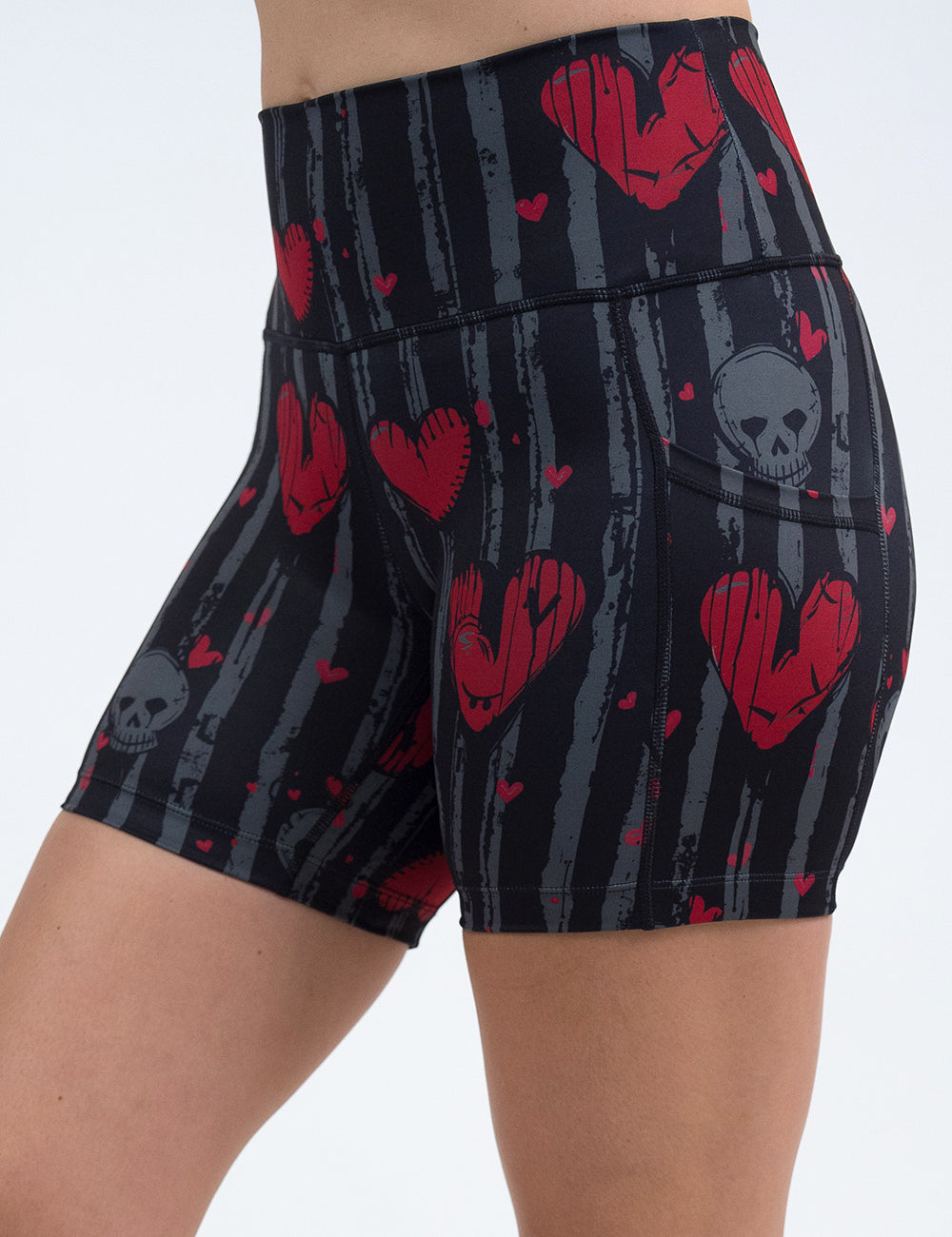 front of the 5 inch red hearts against stripes shorts against a white background