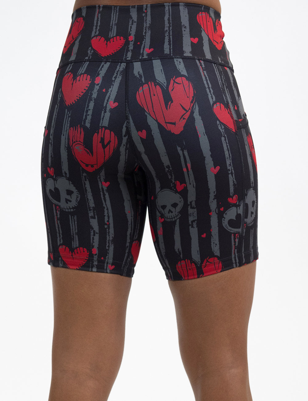 back of the 7 inch red hearts against stripes shorts against a white background