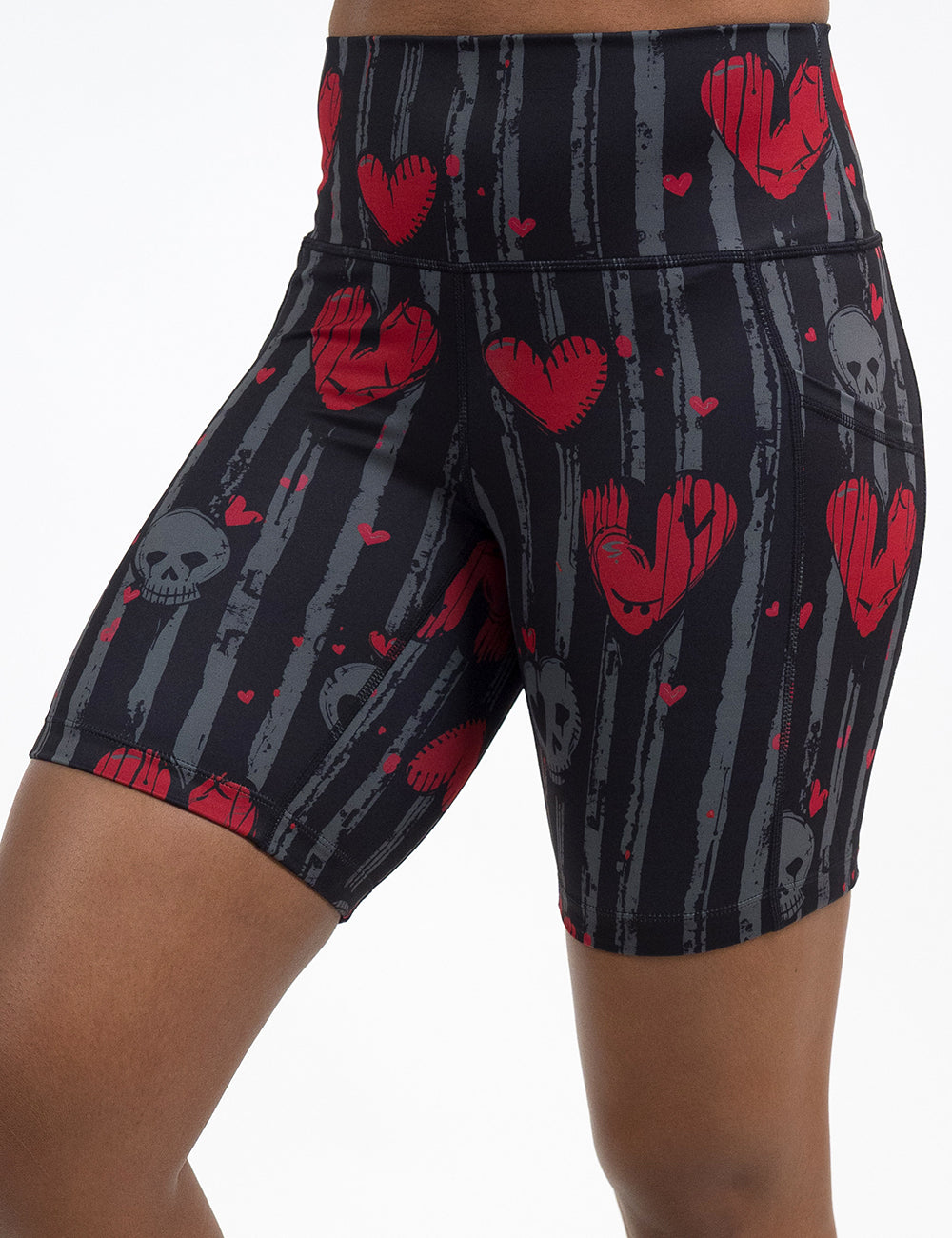 front of the 7 inch red hearts against stripes shorts against a white background