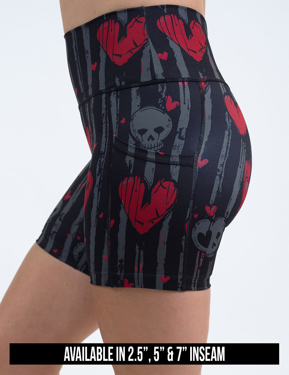 available inseam lengths for the red hearts against stripes shorts, length include 2.5, 5, and 7 inches