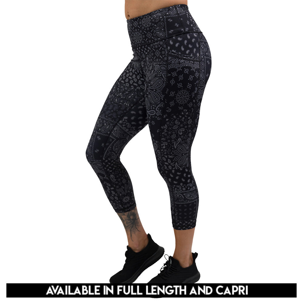 black paisley patterned leggings available in full and capri length