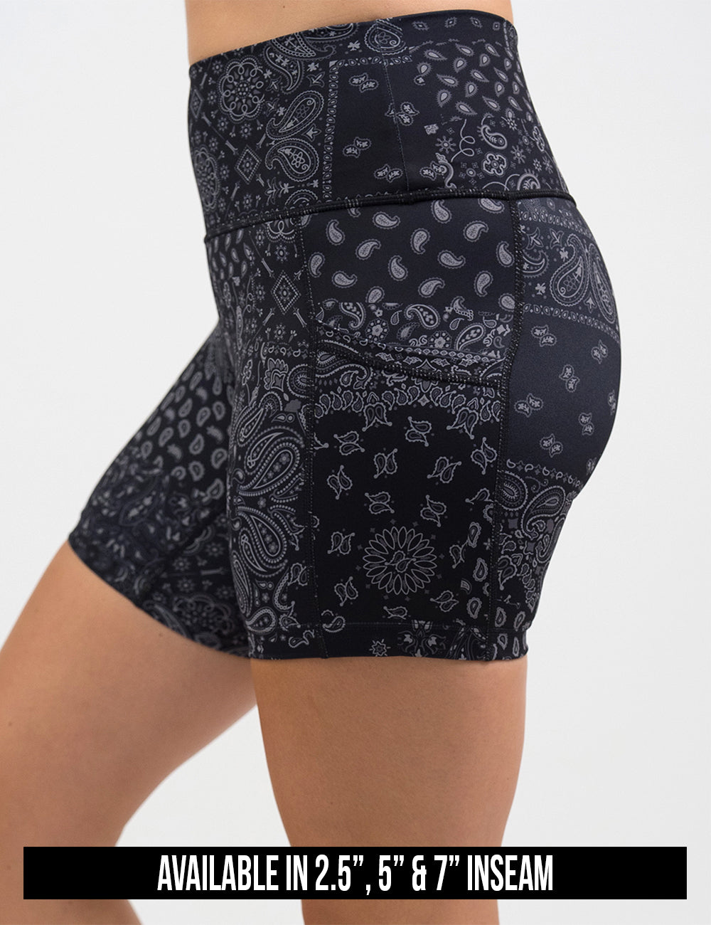 available inseam lengths for the black shorts with a white paisley pattern. Lengths include 2.5, 5, and 7 inches