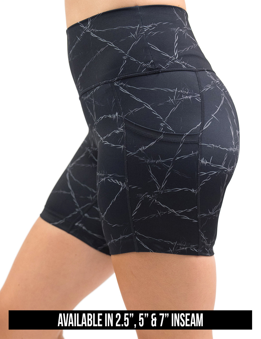 available inseam lengths for these black shorts with a white barbed wire pattern on it, lengths include 2.5, 5, and 7 inches