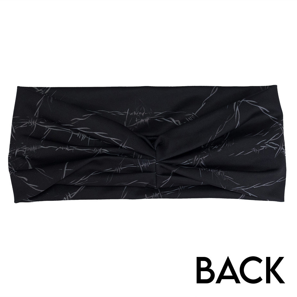 back of the black headband with a white barbed wire pattern on it