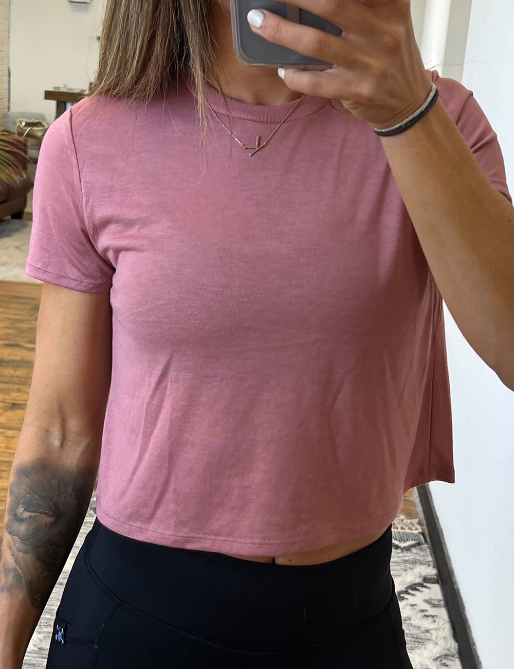front view of solid pink cropped t shirt