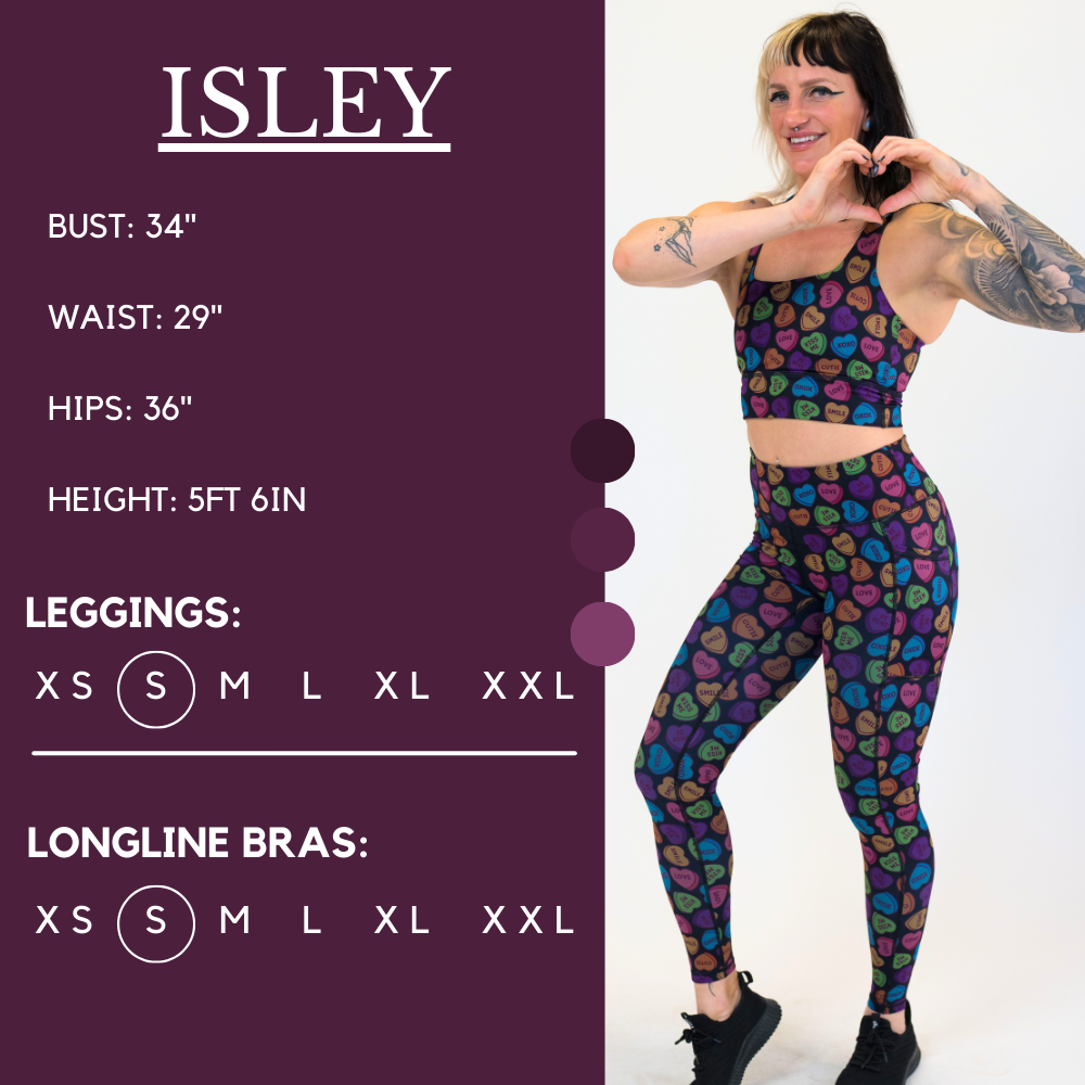 Model’s measurements of 34” bust, 29” waist, 36” hips and height of 5 ft 6 inches. She is wearing a size small in our leggings