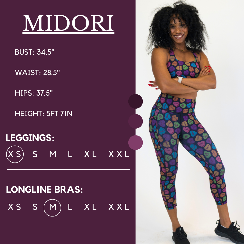 Model’s measurements of 34.5” bust, 28.5” waist, 37.5” hips and height of 5 ft 7 inches. She is wearing a size extra small in our leggings