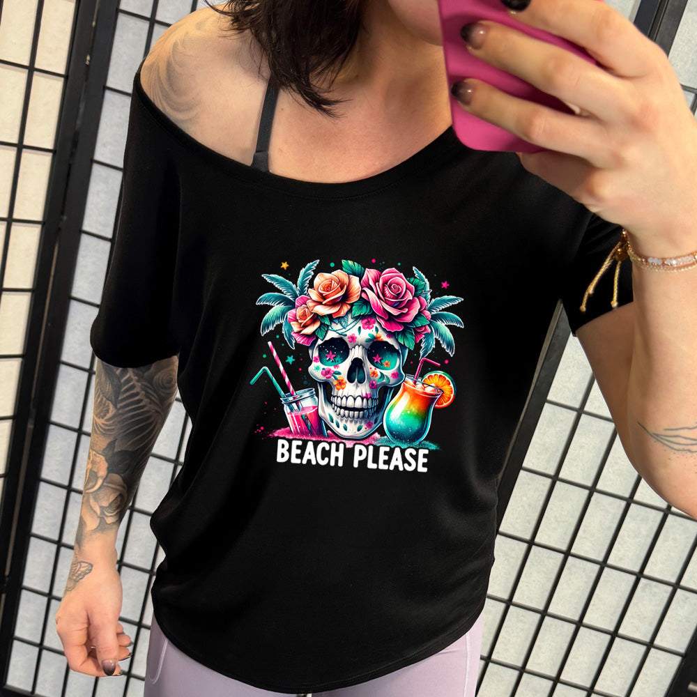 shirt with a flowery skull and drinks graphic on it that says "Beach Please"