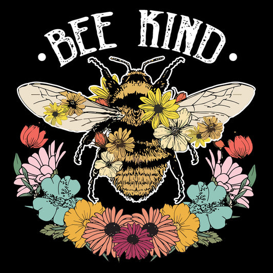close up of the "Bee kind" shirt graphic. Has a bumble bee & floral designs on it