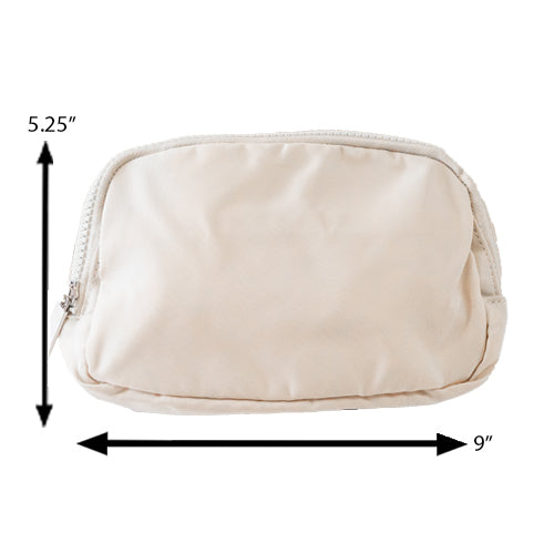 beige belt bag measured at 5.25 by 9 inches
