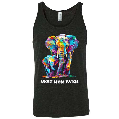 black unisex shirt with colorful elephants on it with the quote best mom ever on it in white