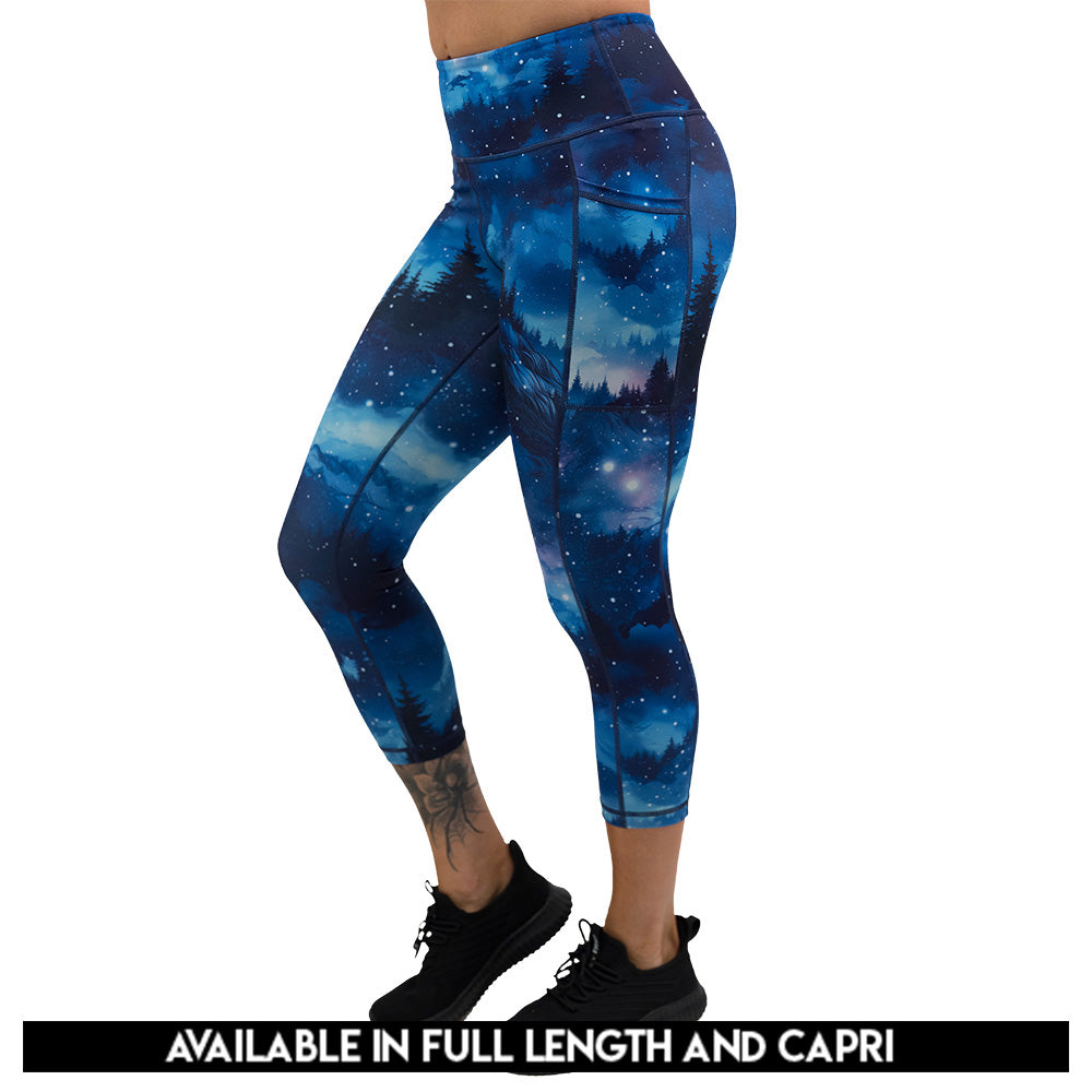 blue sky and forest patterned leggings available in full and capri length