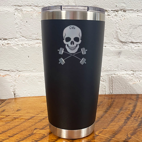 black tumbler with skull and barbell crossbones design
