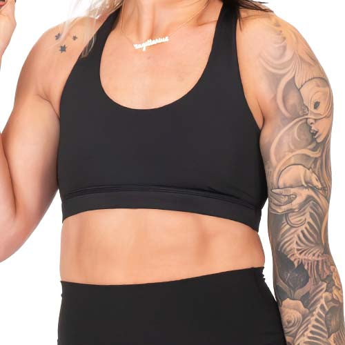 close up of the black butterfly back bra