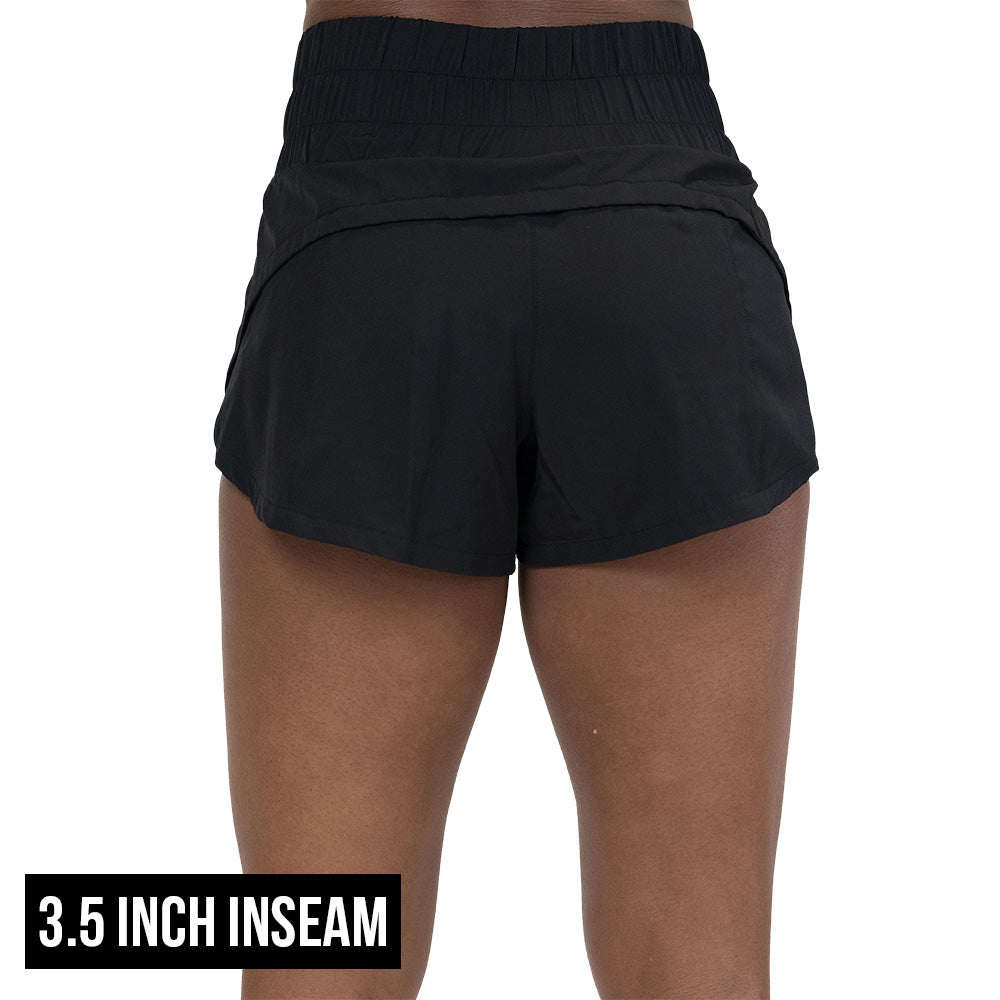 back of the 3.5 inch inseam black shorts