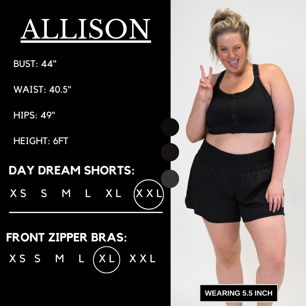 Model’s measurements of 44” bust, 40.5” waist, 49” hips and height of 6ft. She is wearing a size xxl in our day dream shorts and a size xl in our front zipper bras