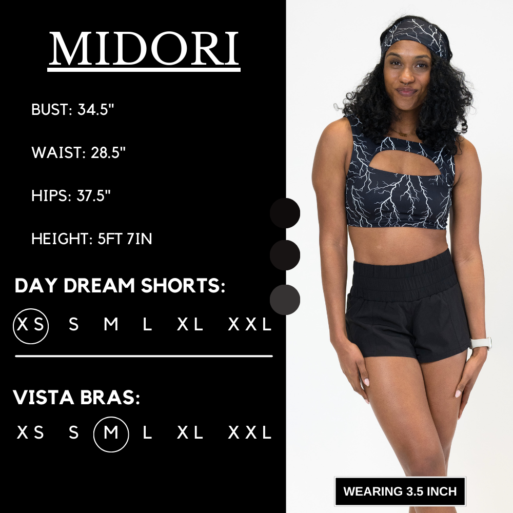 Model’s measurements of 34.5” bust, 28.5” waist, 37.5” hips and height of 5 ft 7 inches. She is wearing a size extra small in our day dream shorts and a size medium in our vista bras