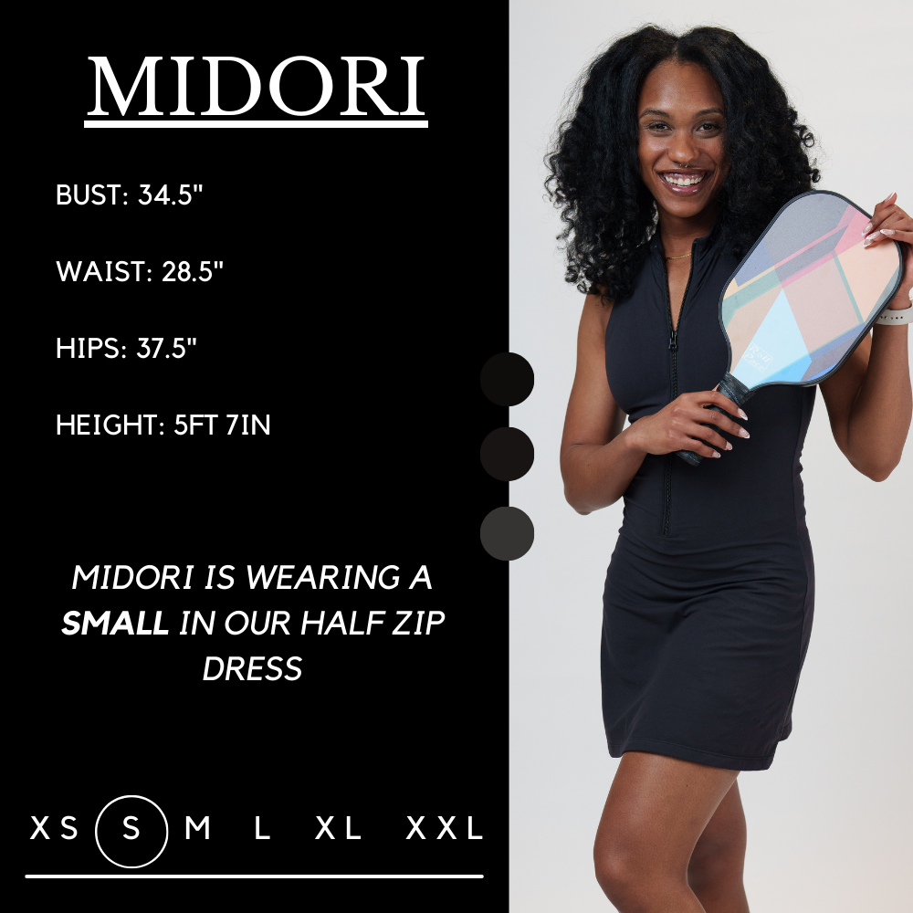 Model’s measurements of 34.5” bust, 28.5” waist, 37.5” hips and height of 5 ft 7 inches. She is wearing a size small in our half zip dress