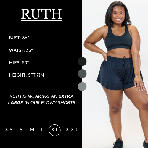 Model's measurements of 36 inch bust, 33 inch waist, 50 inch hips, and height of 5 foot 7 inches. She is wearing a extra large in the flowy shorts