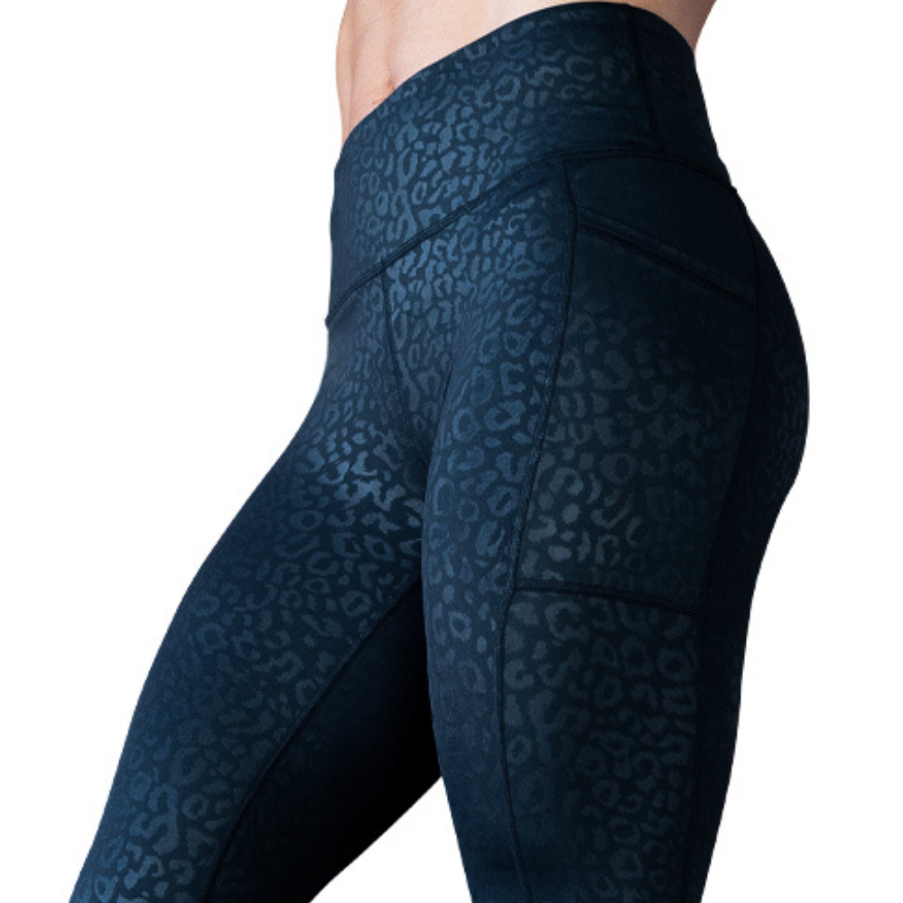 close up of black leopard leggings