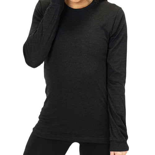 model wearing a black long sleeve shirt
