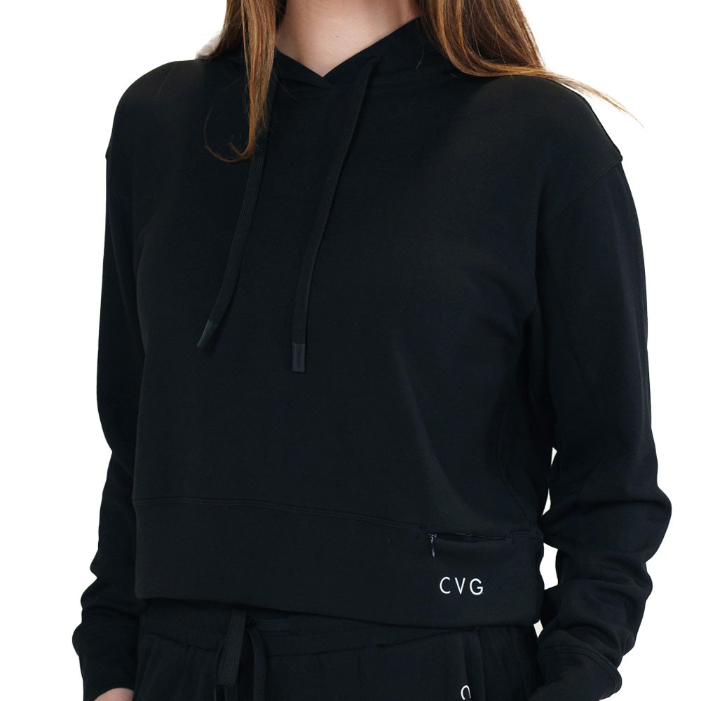 close up of black luxe hoodie