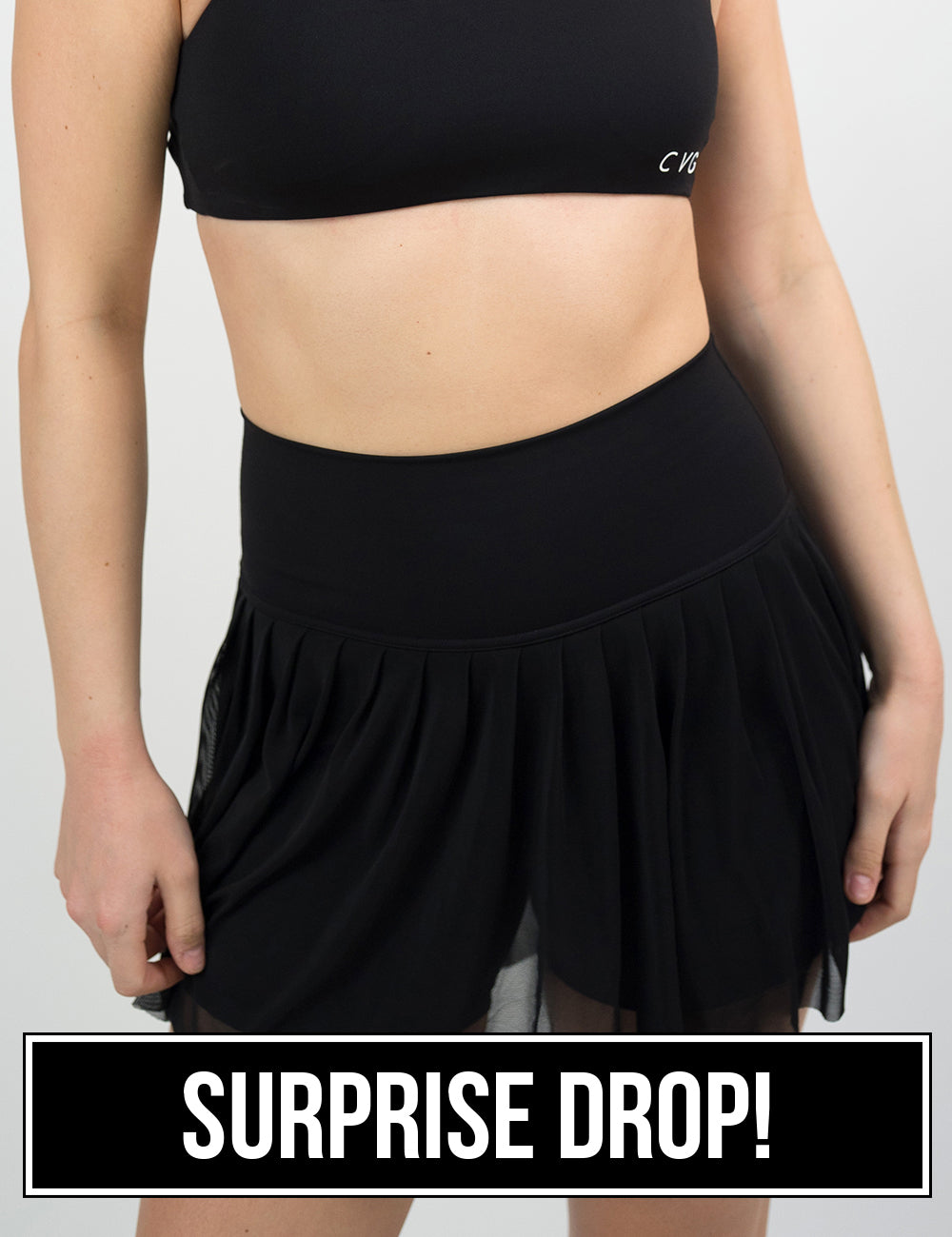 front of the sheer black motion skirt against a white background, surprise drop