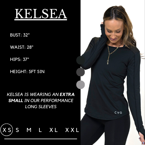 Graphic showing the measurements of a model and what size she wears for the shirt. Her bust is 32 inches, waist is 28 inches, hips are 37 inches, and height is 5 foot and 5 inches. She wears an extra small in the performance long sleeve shirt