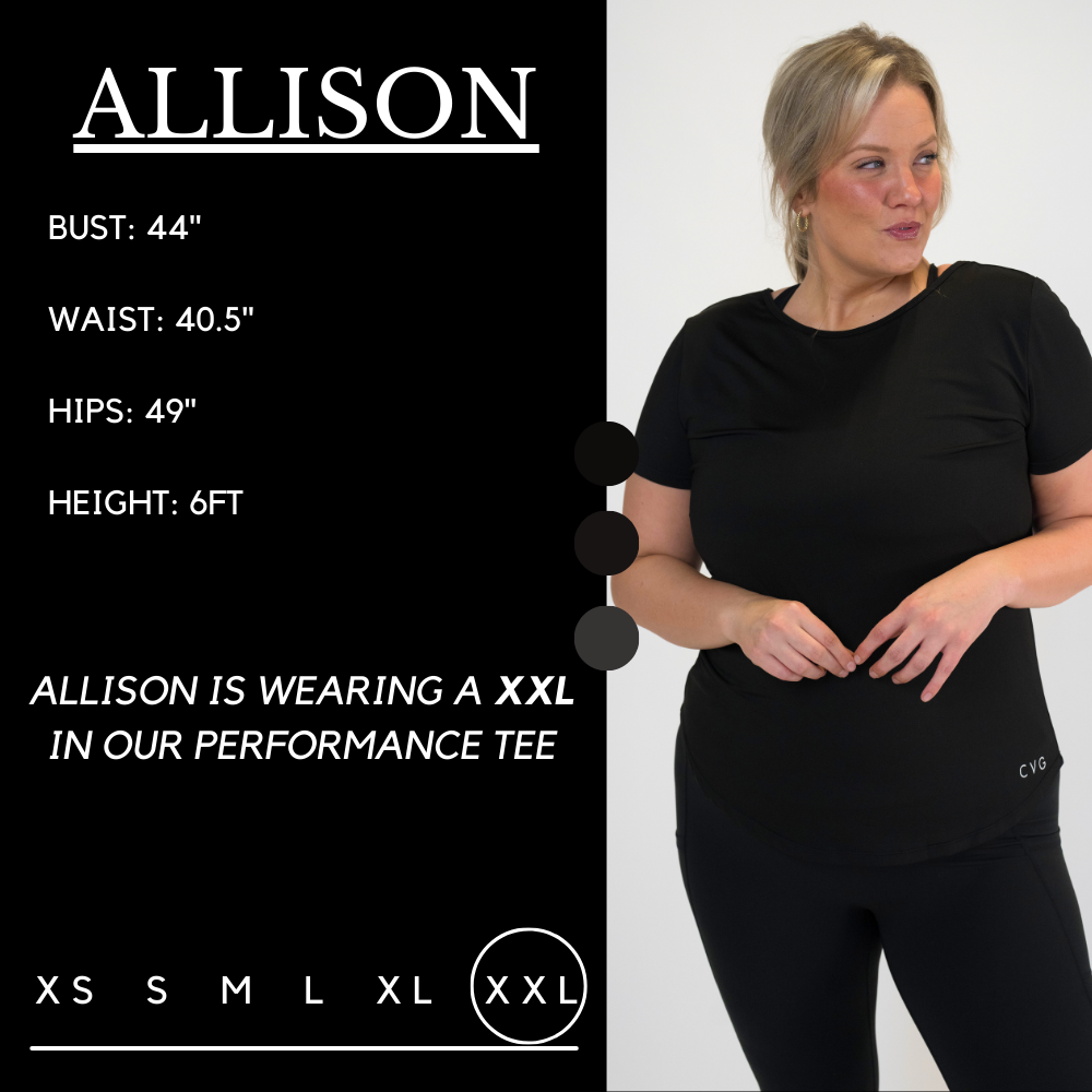 Model’s measurements of 44” bust, 40.5” waist, 49” hips and height of 6ft. She is wearing a size xx-large in our performance tee