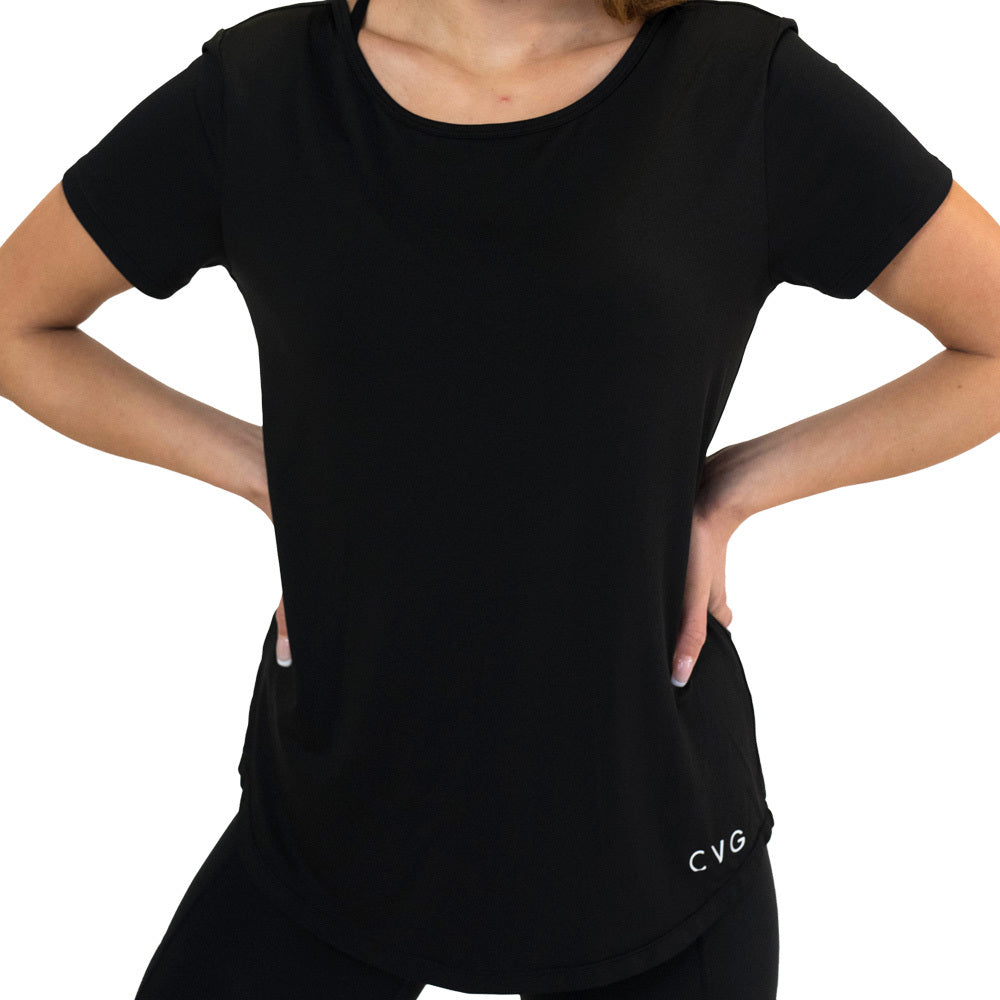 model wearing a black tee