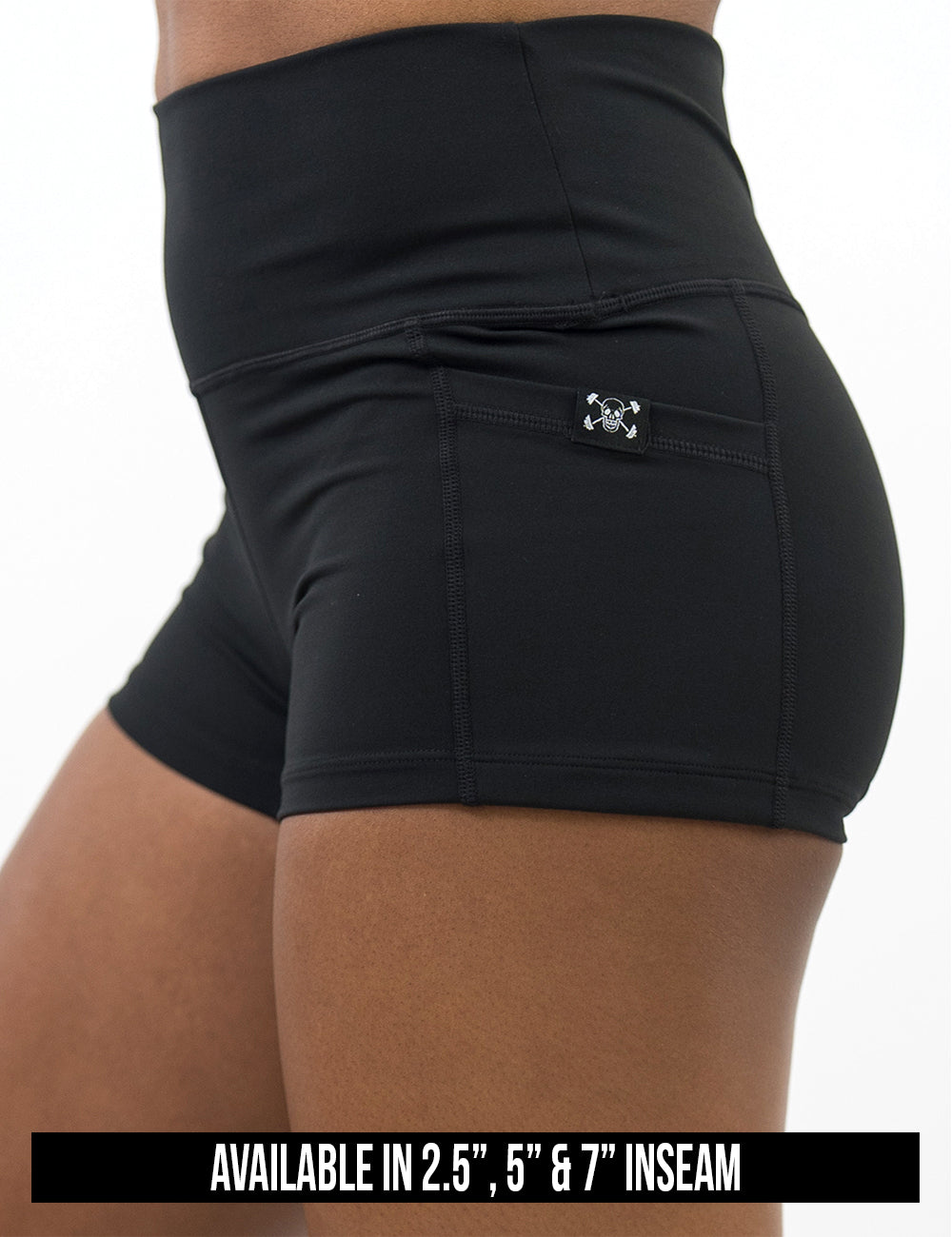 available inseam lengths for the solid black shorts. Lengths include 2.5, 5, and 7 inches