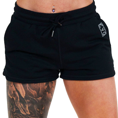 model wearing the black shorts
