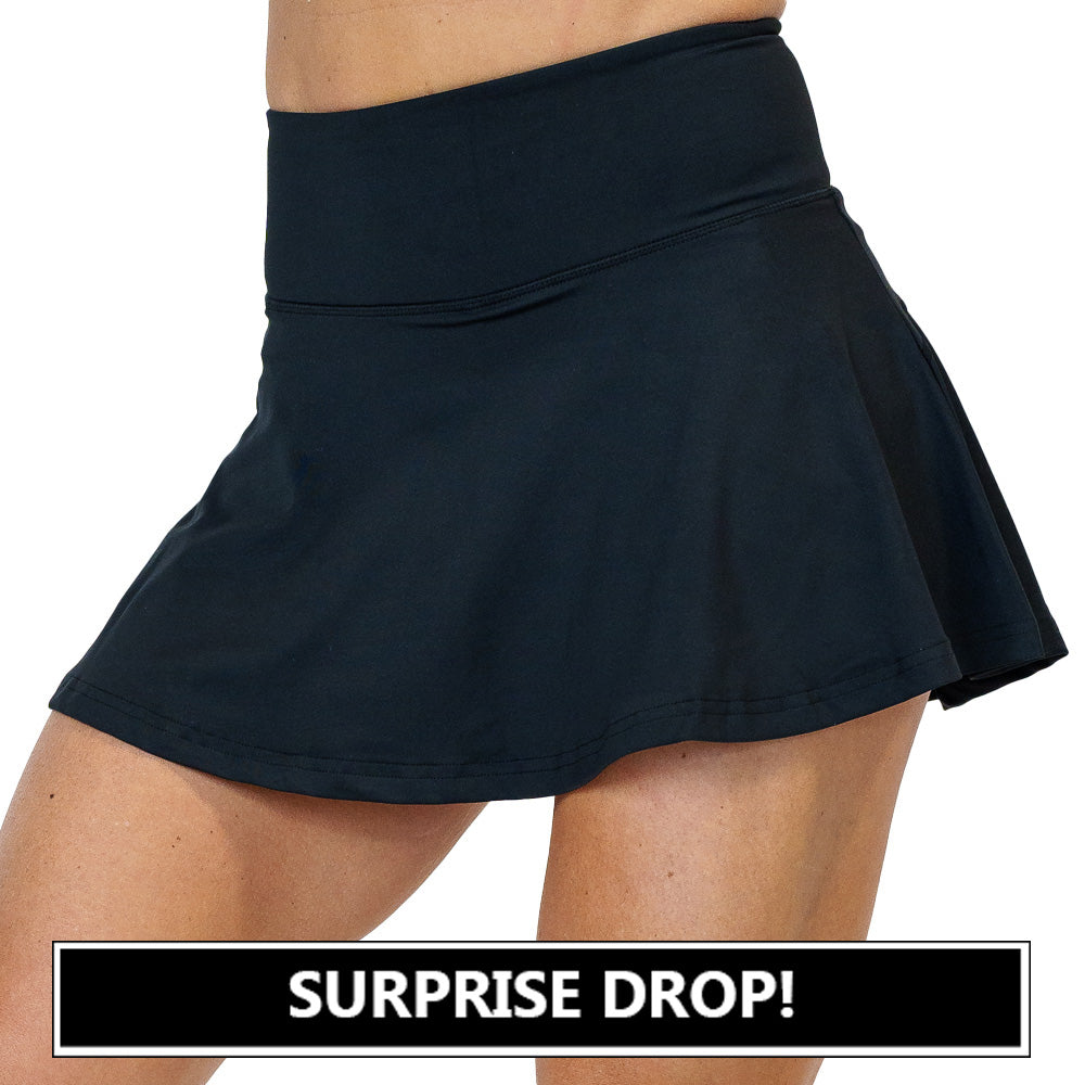 model wearing the black skirt