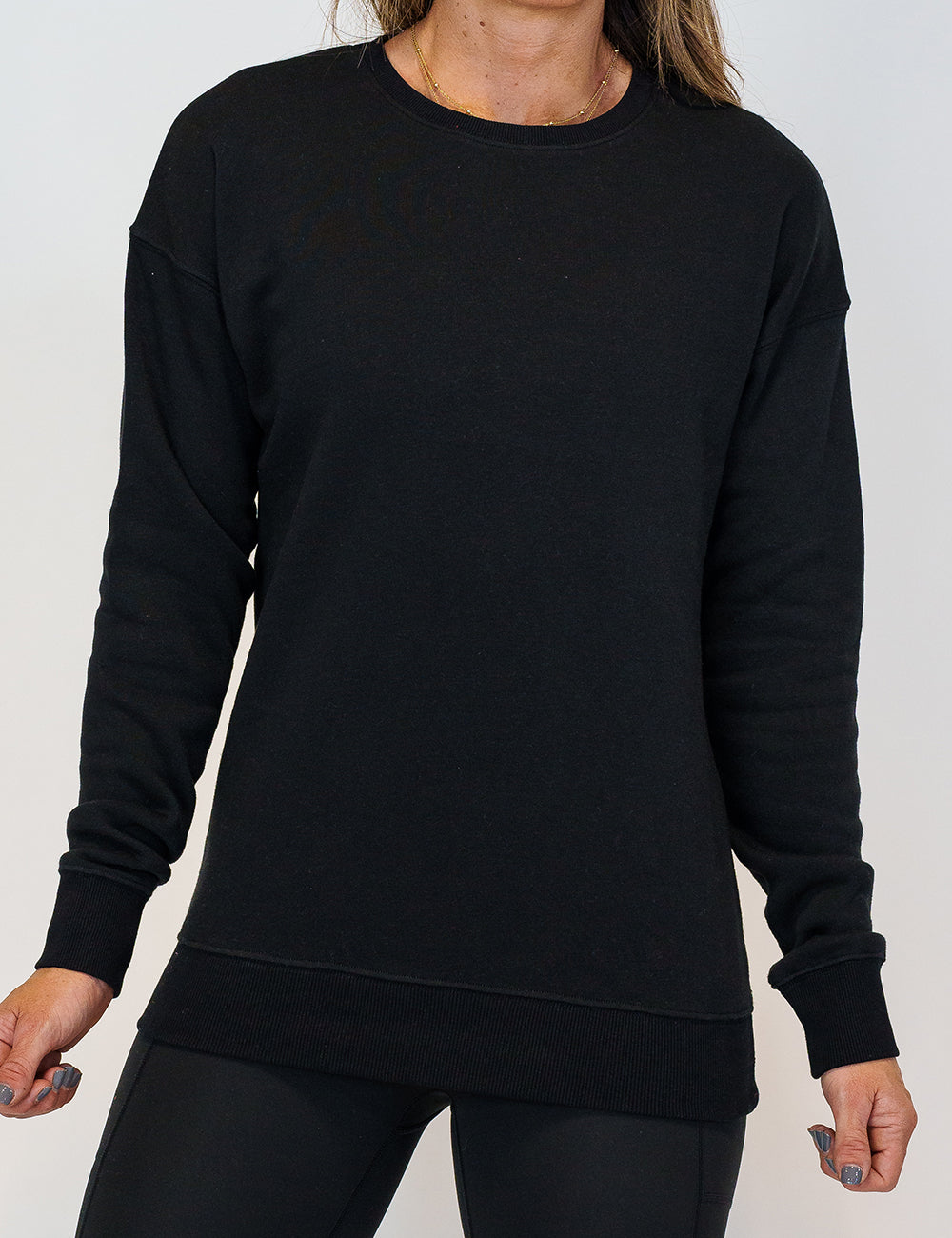 front of the front of the a basic black crewneck