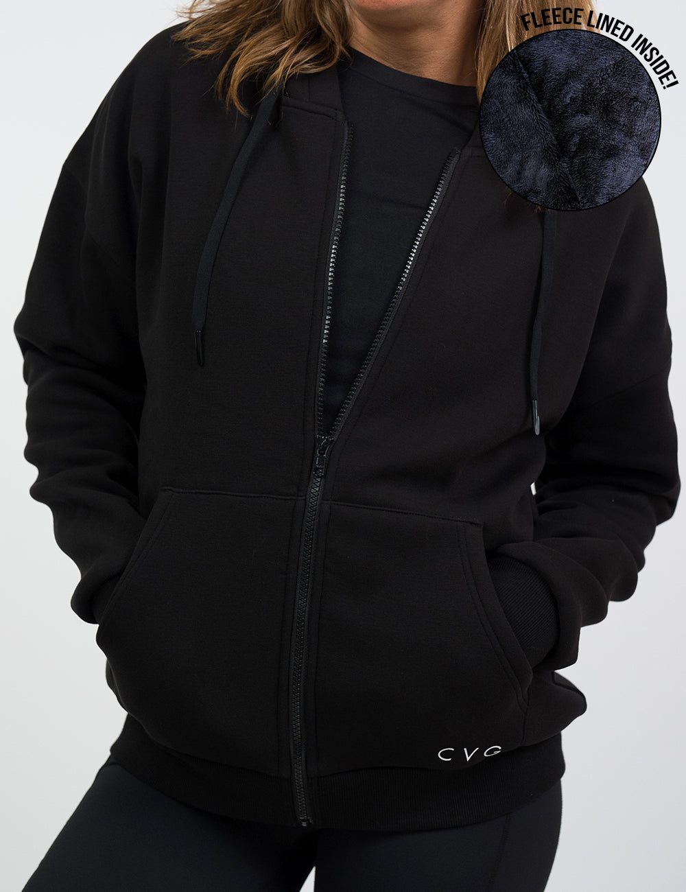 close up of the fleece inside the black fleece zip up